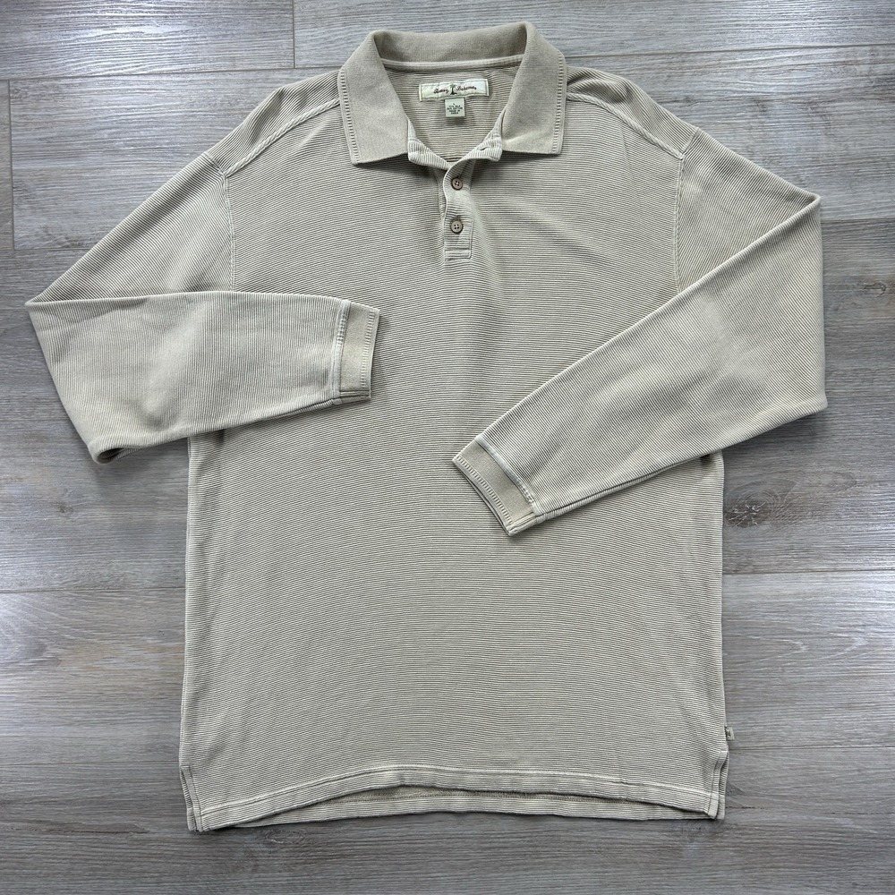 Tommy Bahama Large Silk Cotton Polo Shirt Long Sleeve‎ Beige Preppy Golf Resort
